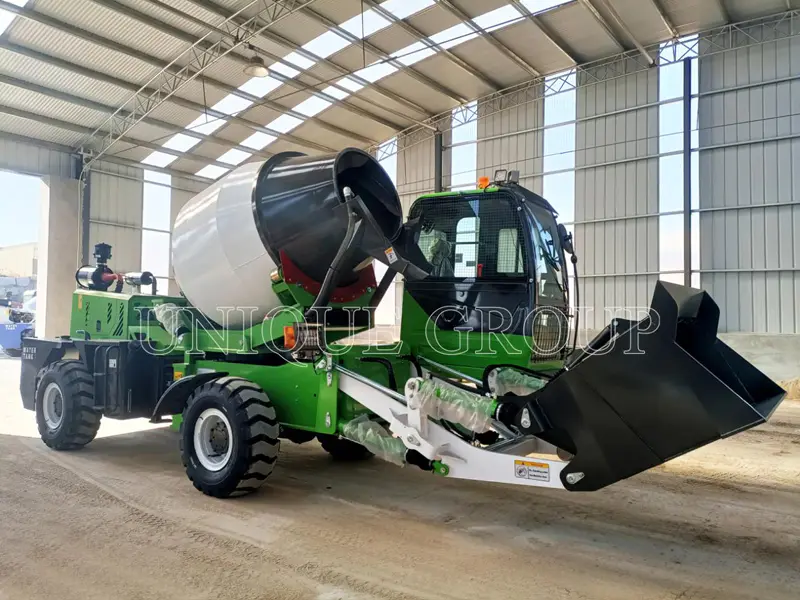 Self loading concrete mixer truck